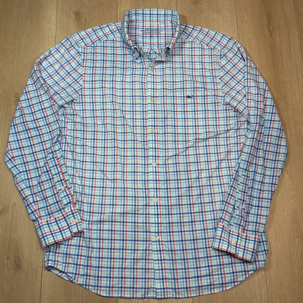 Vineyard Vines Men On-The-Go Performance Plaid Shirt Blue Red Button Down Medium